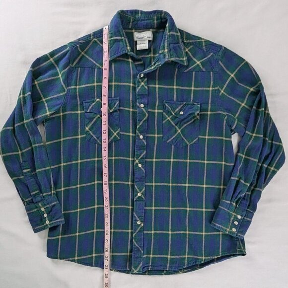 VTG Wrangler Wrancher Shirt Blue Green Plaid Pearl Snap Long Sleeve Shirt - Picture 4 of 7
